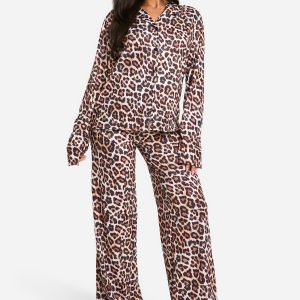 Petite Leopard Print Long Sleeve Shirt & Trousers Pyjama Set
