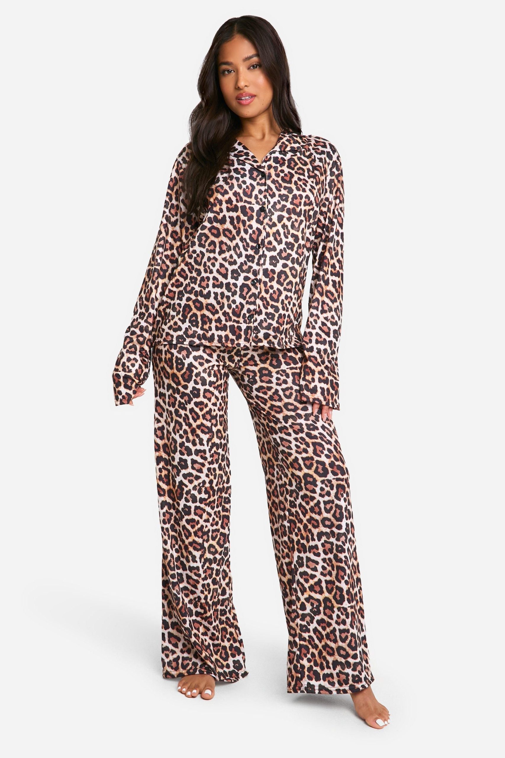 Petite Leopard Print Long Sleeve Shirt & Trousers Pyjama Set