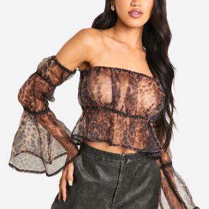 Organza Leopard Print Bardot Crop Smock Top