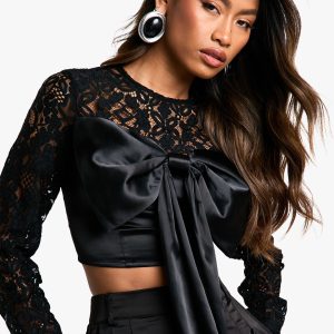 Lace And Satin Mix Bow Detail Crop Top