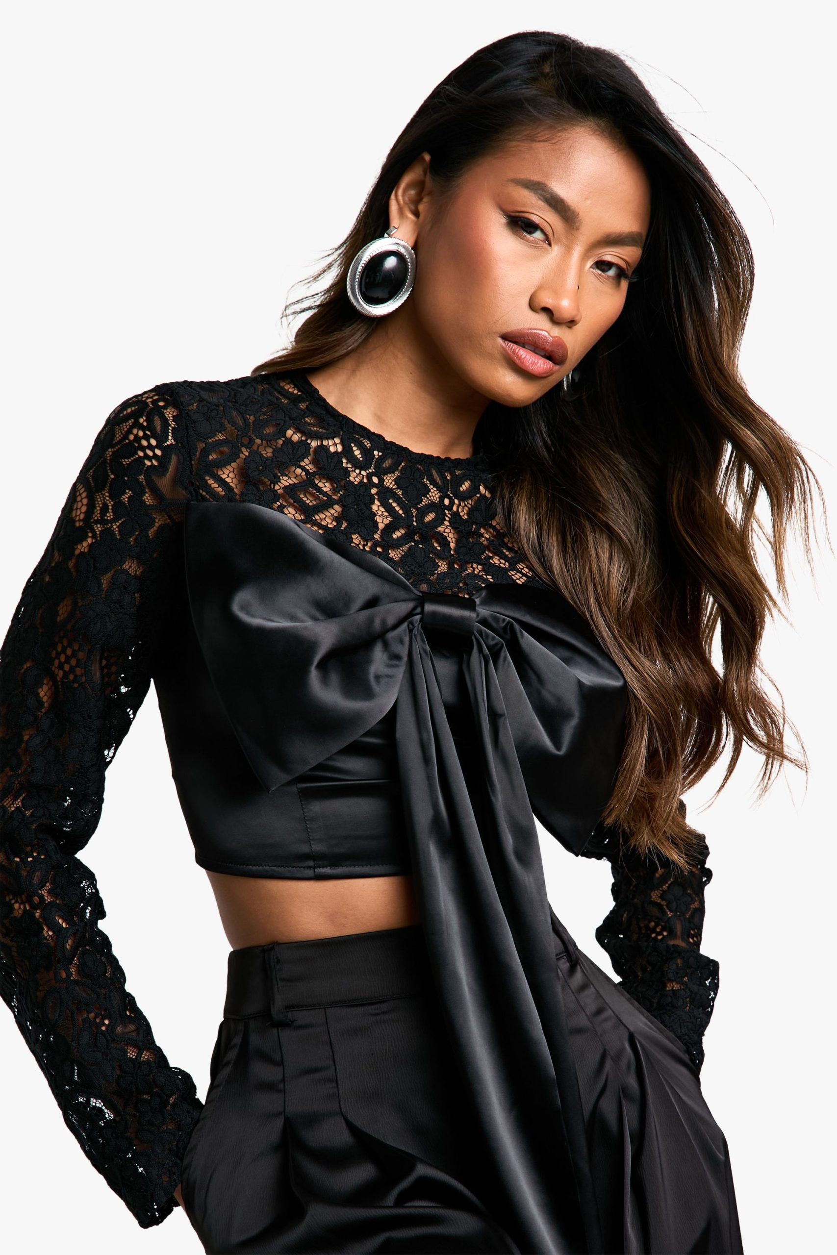 Lace And Satin Mix Bow Detail Crop Top