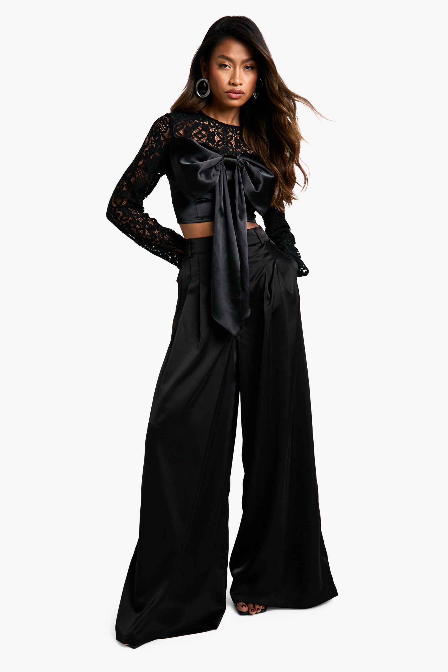 Lace And Satin Mix Bow Detail Crop Top - Image 3