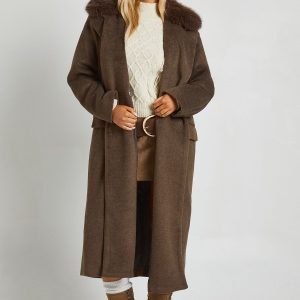 Faux Fur Trim Oversized Double Breasted Wool Look Coat