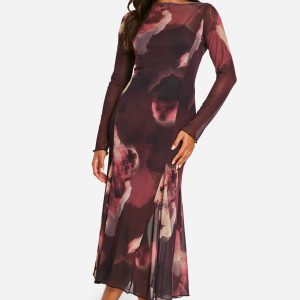 Slash Neck Floral Mesh Print Godet Hem Midaxi Dress