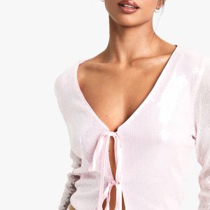 Petite Sequin Tie Front Top
