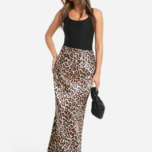 Leopard Print Satin Bias Maxi Skirt