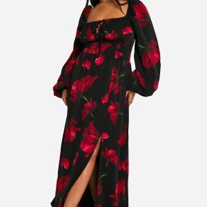 Plus Ditsy Balloon Sleeve Milkmaid Maxi Dress