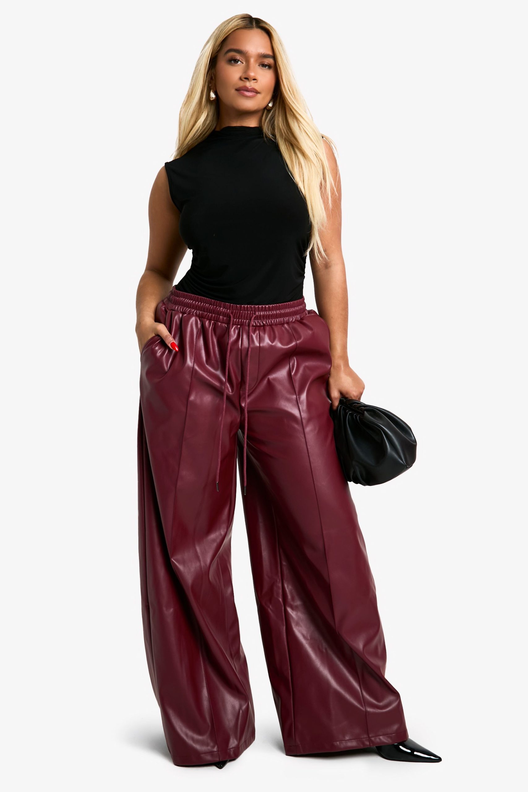 Plus Elasticated Waist Pu Wide Leg Jogger
