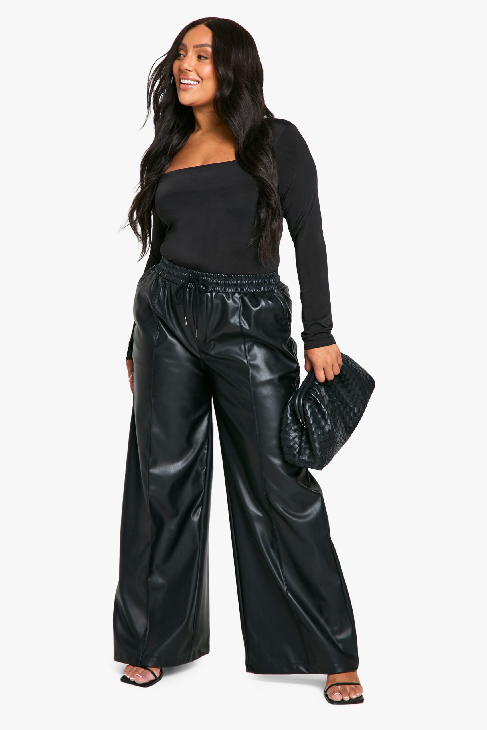 Plus Elasticated Waist Pu Wide Leg Jogger - Image 3
