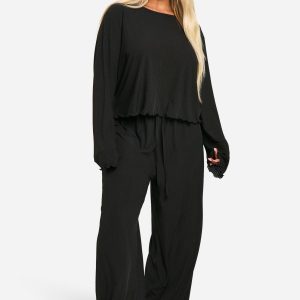 Plus Textured Lettuce Hem Trouser Pyjama Set