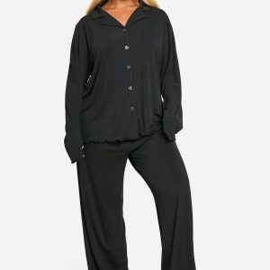 Plus Rib Button Front Trouser Pyjama Set