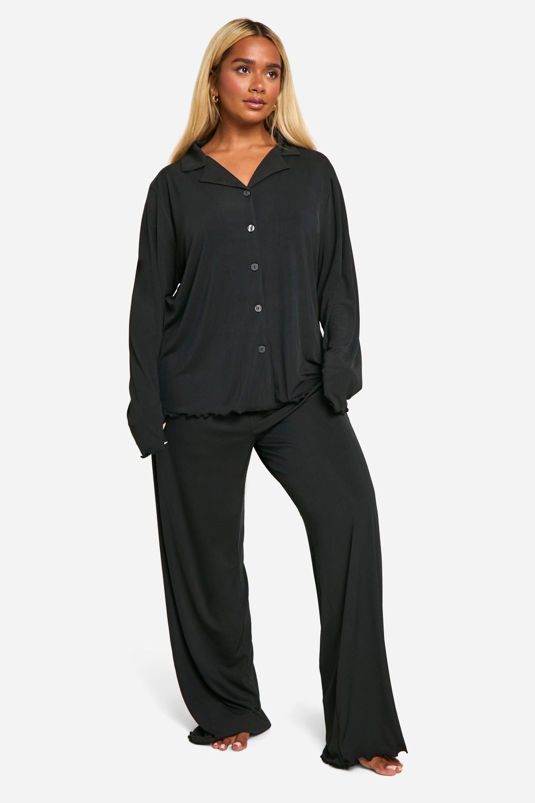 Plus Rib Button Front Trouser Pyjama Set