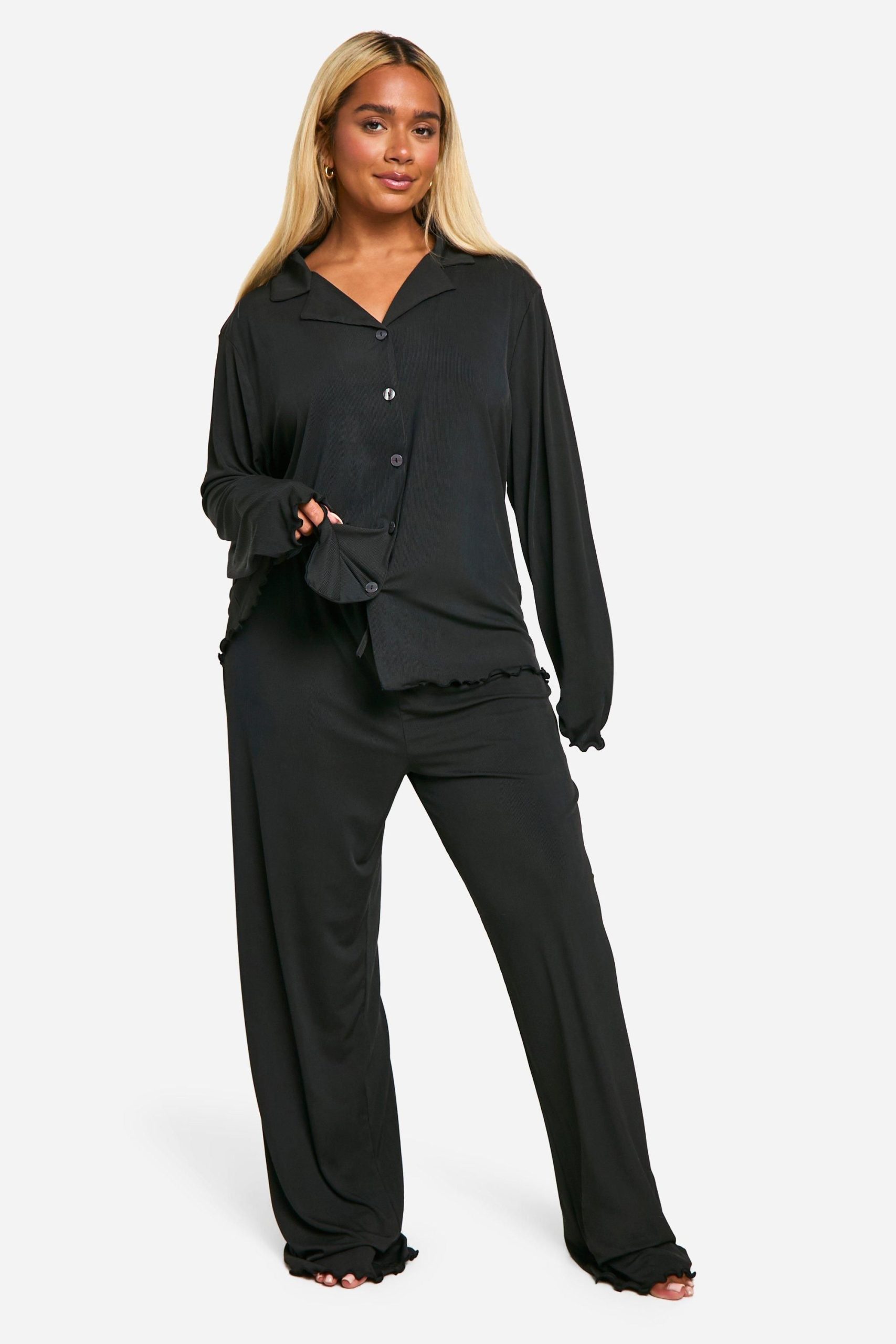 Plus Rib Button Front Trouser Pyjama Set - Image 3