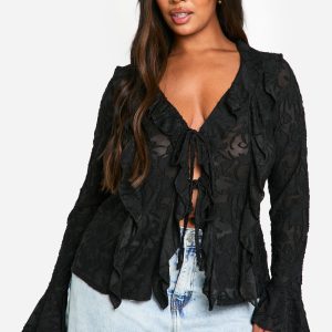 Plus Burnout Double Ruffle Tie Front Blouse