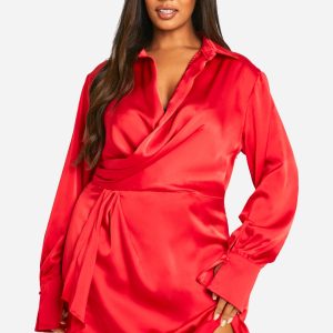 Plus Collared Plunge Neck Mini Shirt Dress