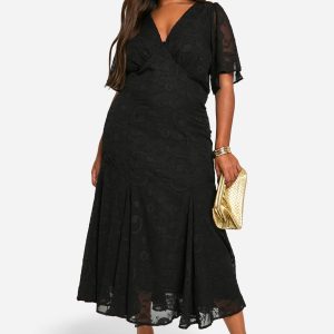Plus Jacquard Floral Angel Sleeve Midaxi Dress