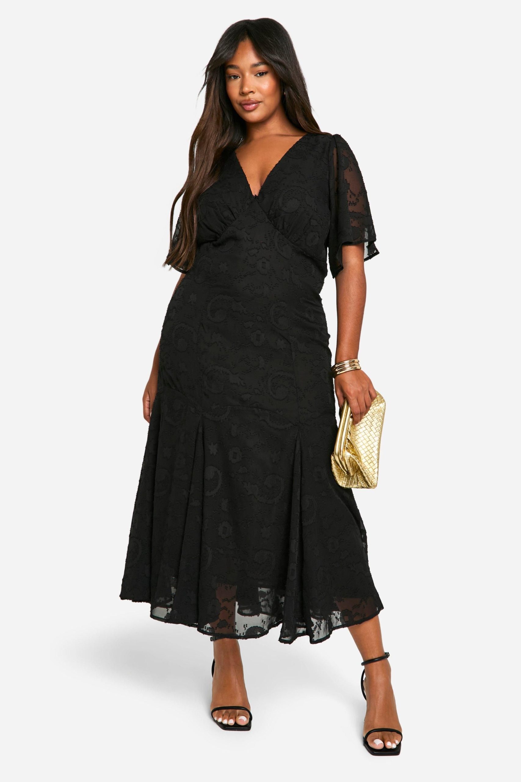 Plus Jacquard Floral Angel Sleeve Midaxi Dress