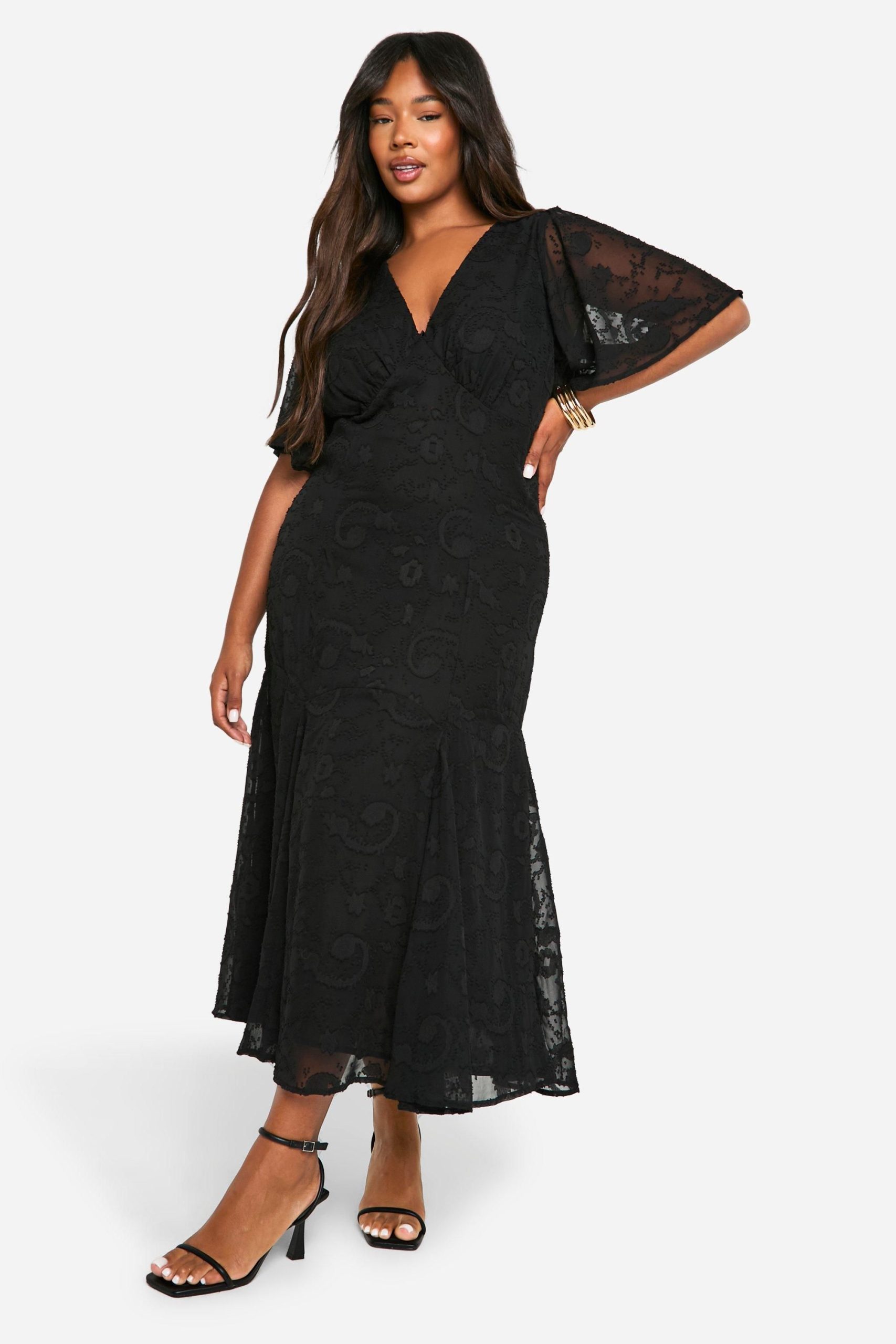 Plus Jacquard Floral Angel Sleeve Midaxi Dress - Image 3