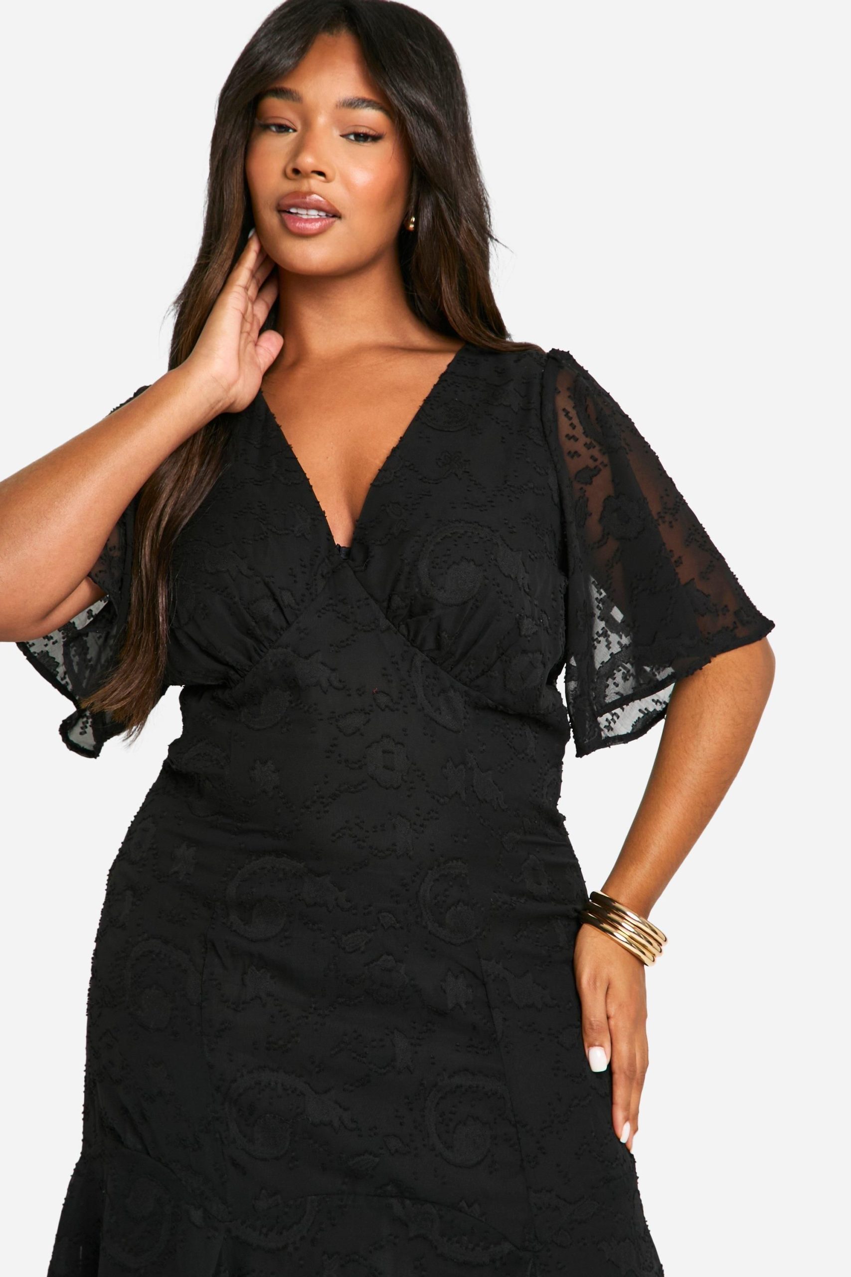 Plus Jacquard Floral Angel Sleeve Midaxi Dress - Image 4