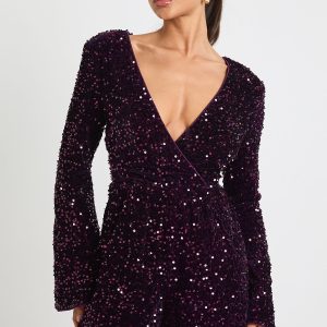Velvet Sequin Flare Sleeve Playsuit