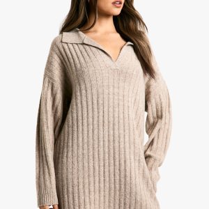 Collar Detail Cosy Knitted Jumper Dress
