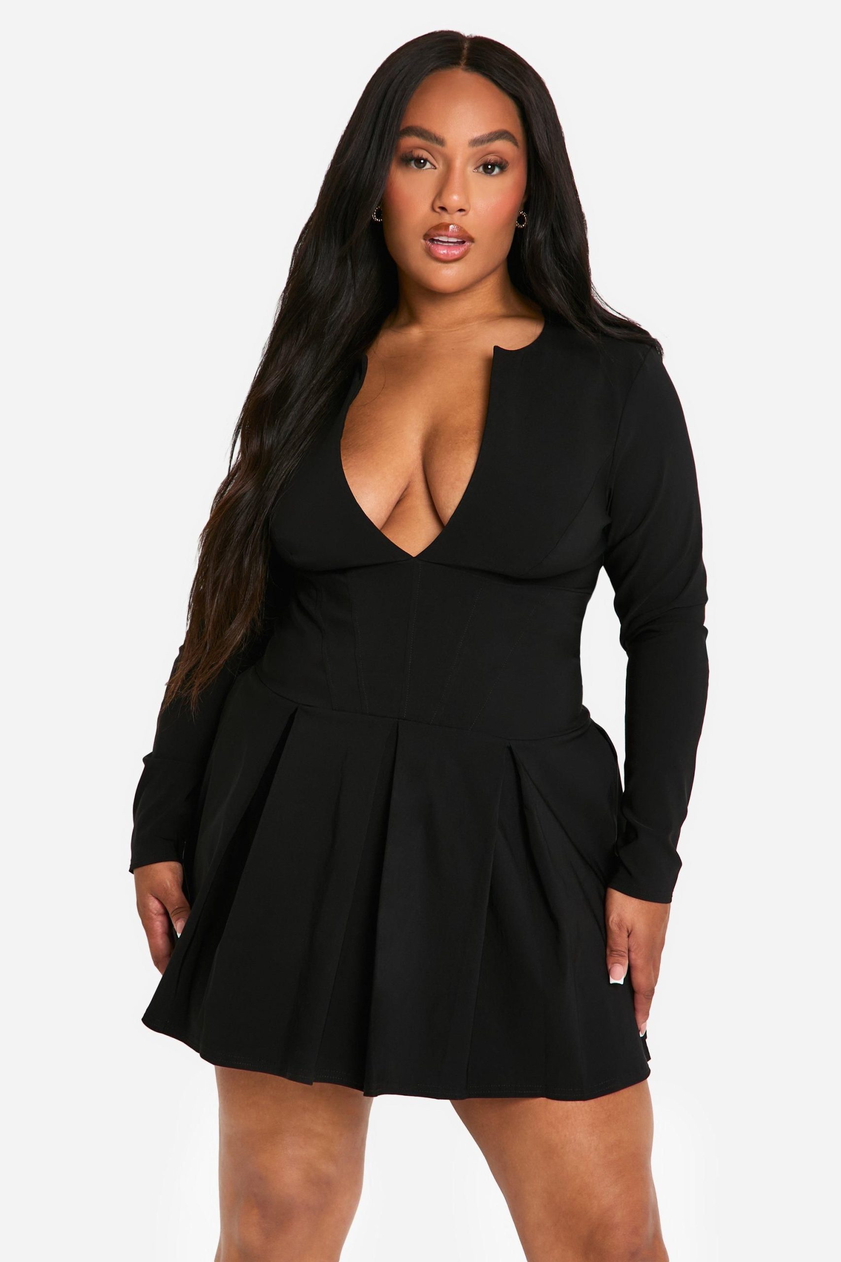 Plus Long Sleeve Corset Detail Plunge Pleated Hem Dress