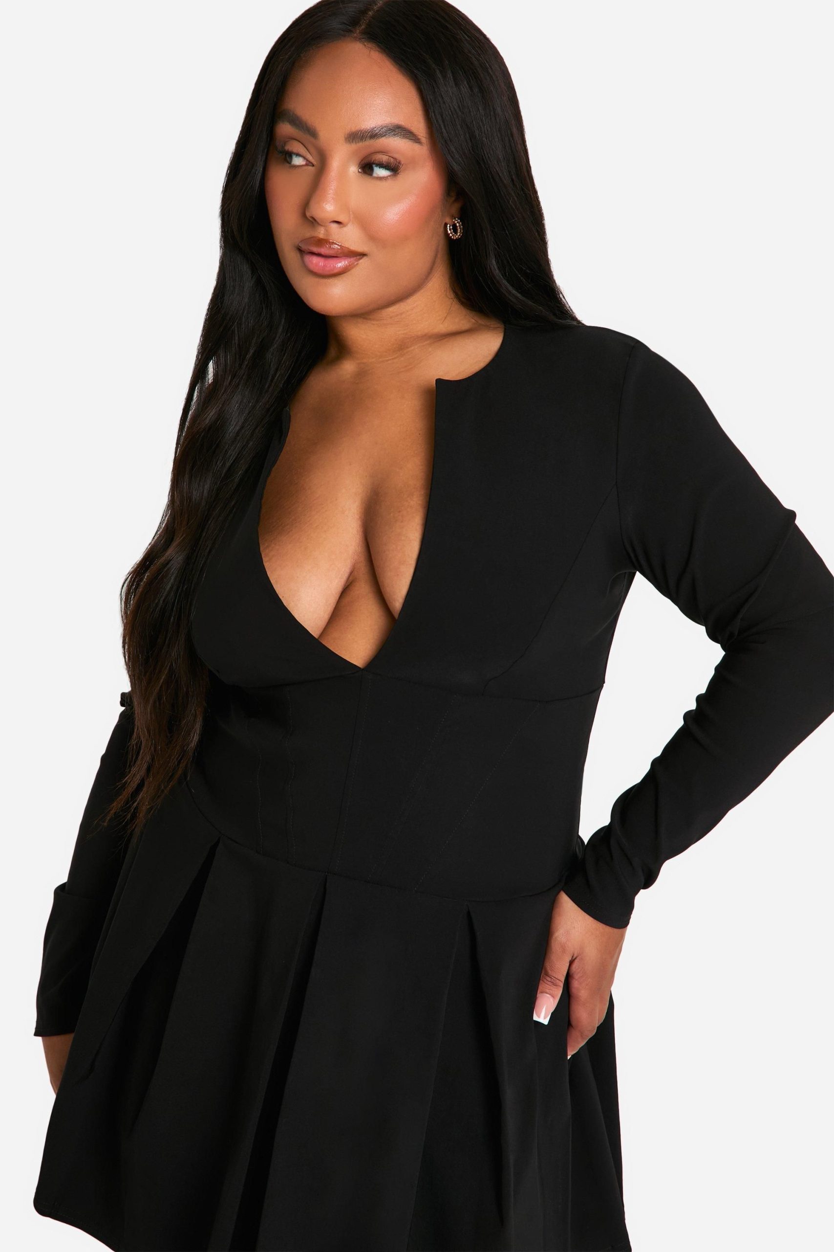 Plus Long Sleeve Corset Detail Plunge Pleated Hem Dress - Image 4