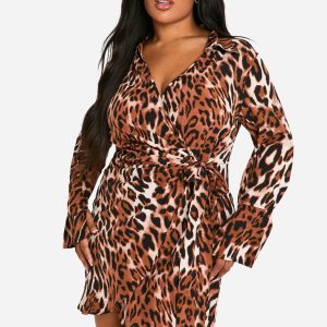 Plus Leopard Print Wrap Shirt Dress