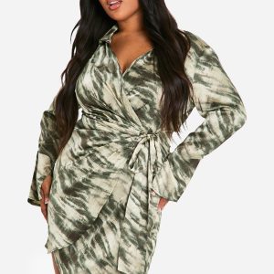 Plus Marble Print Wrap Shirt Dress