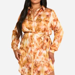 Plus Marble Printed Tie Belt Shirt Dress