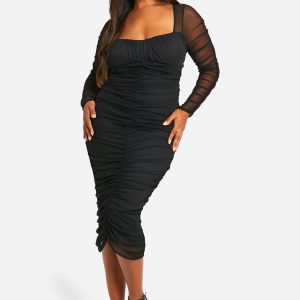 Plus Mesh Ruched Midi Dress