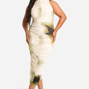 Plus Abstract Ruched Midi Dress
