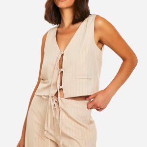Pinstripe Tie Front Tailored Waistcoat