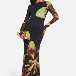 Cowl Back Floral Mesh Maxi Dress