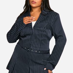 Plus Pinstripe Corset Detail Cropped Blazer