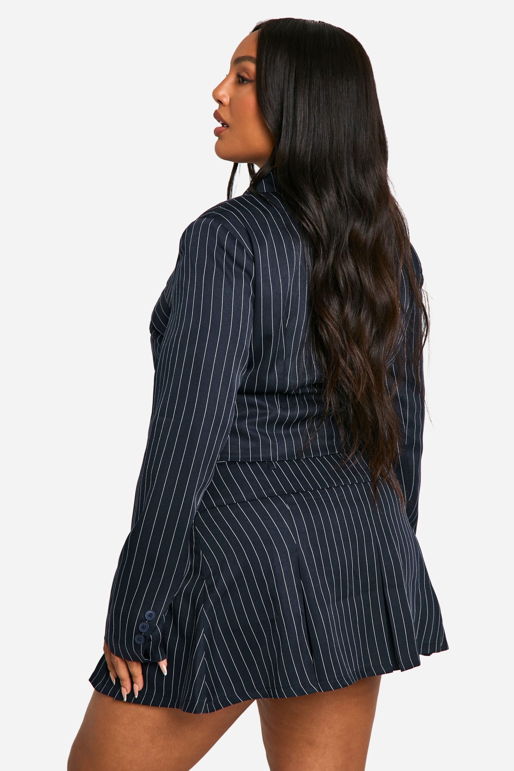 Plus Pinstripe Corset Detail Cropped Blazer - Image 2