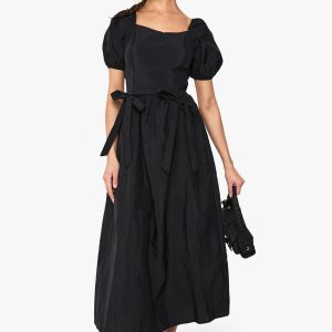 Nylon Puff Sleeve Midi Dress