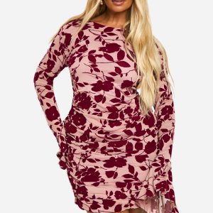 Plus Devore Ruched Flare Sleeve Shift Dress