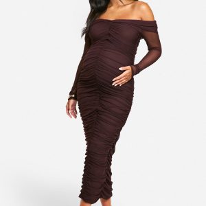 Emily Shak Maternity Slinky Off The Shoulder Long Sleeve Ruched Midaxi Dress