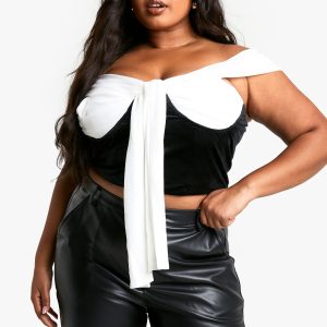 Plus Mesh And Velvet Tie Front Bardot Corset Top