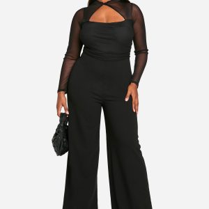 Plus Mesh Twist Detail Wide Leg Jumpsuit