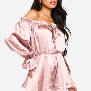 Bardot Ruched Satin Playsuit