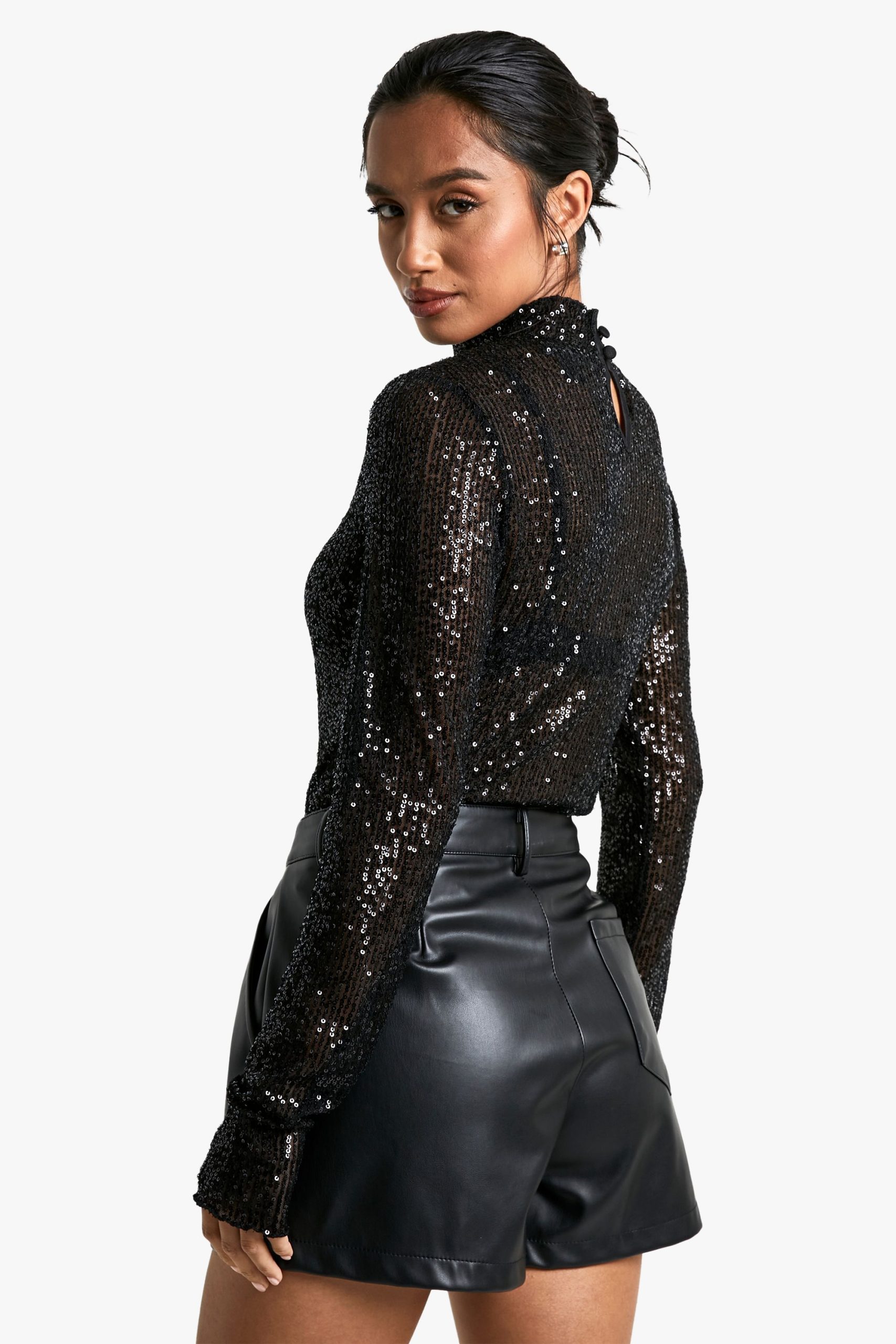 Petite Sequin High Neck Long Sleeved Top - Image 2