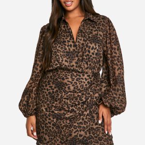 Plus Leopard Print Blouson Sleeve Wrap Dress