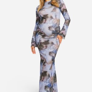 Maternity Abstract Print Lettuce Hem Long Sleeve Maxi Dress