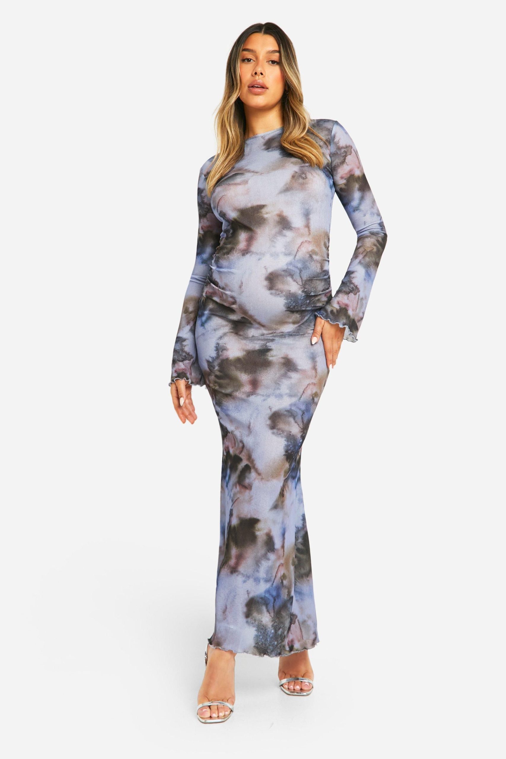 Maternity Abstract Print Lettuce Hem Long Sleeve Maxi Dress