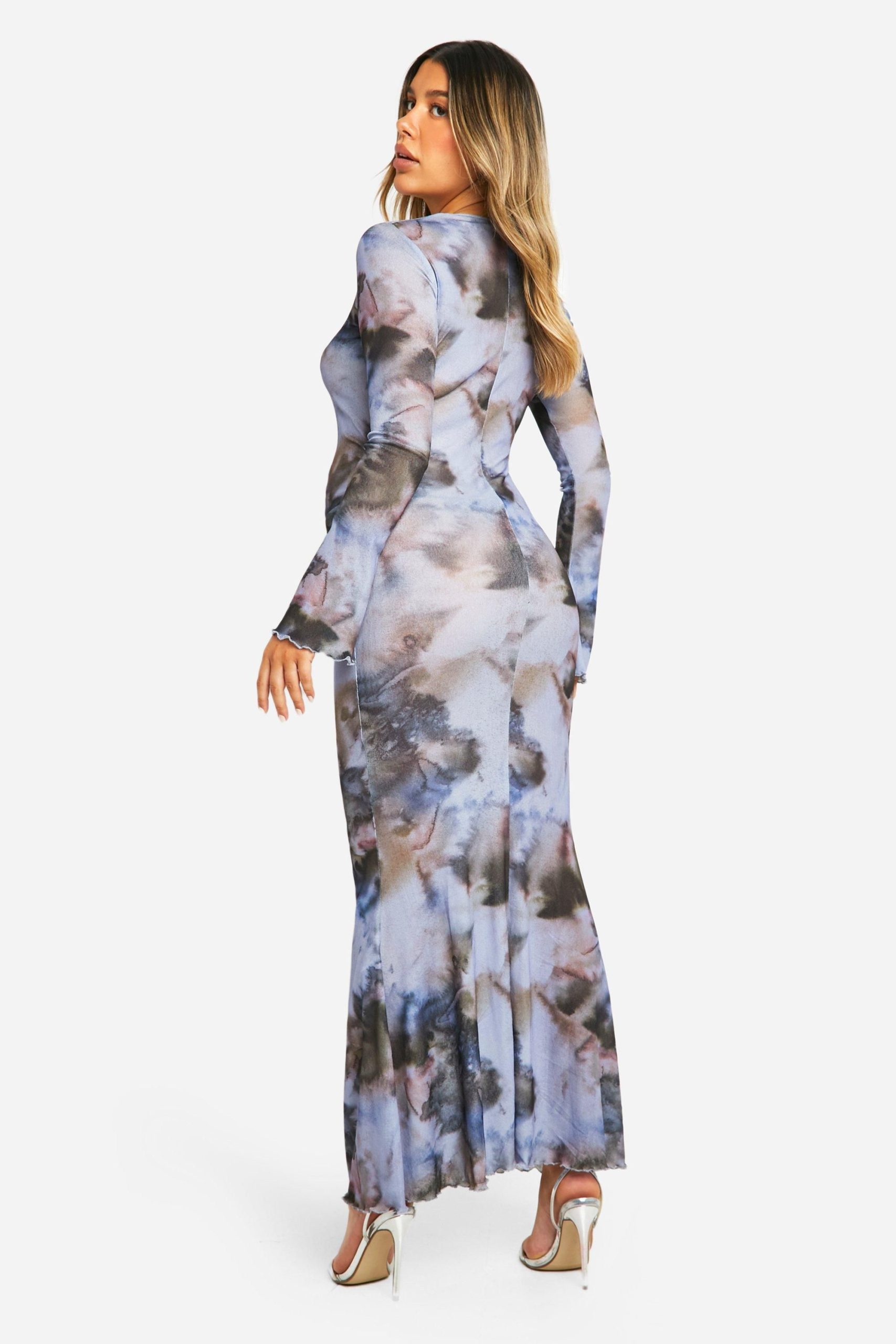 Maternity Abstract Print Lettuce Hem Long Sleeve Maxi Dress - Image 2
