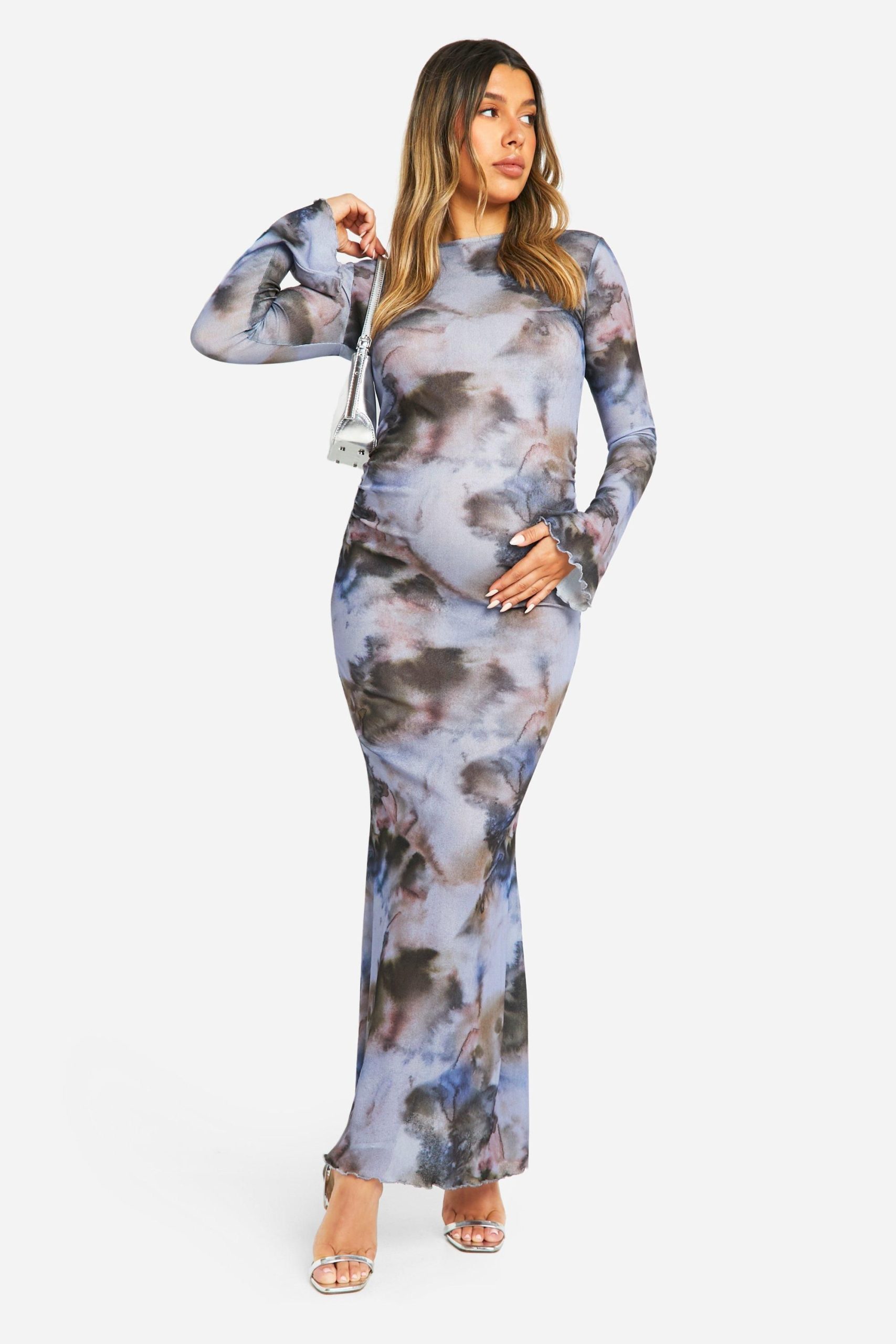 Maternity Abstract Print Lettuce Hem Long Sleeve Maxi Dress - Image 3