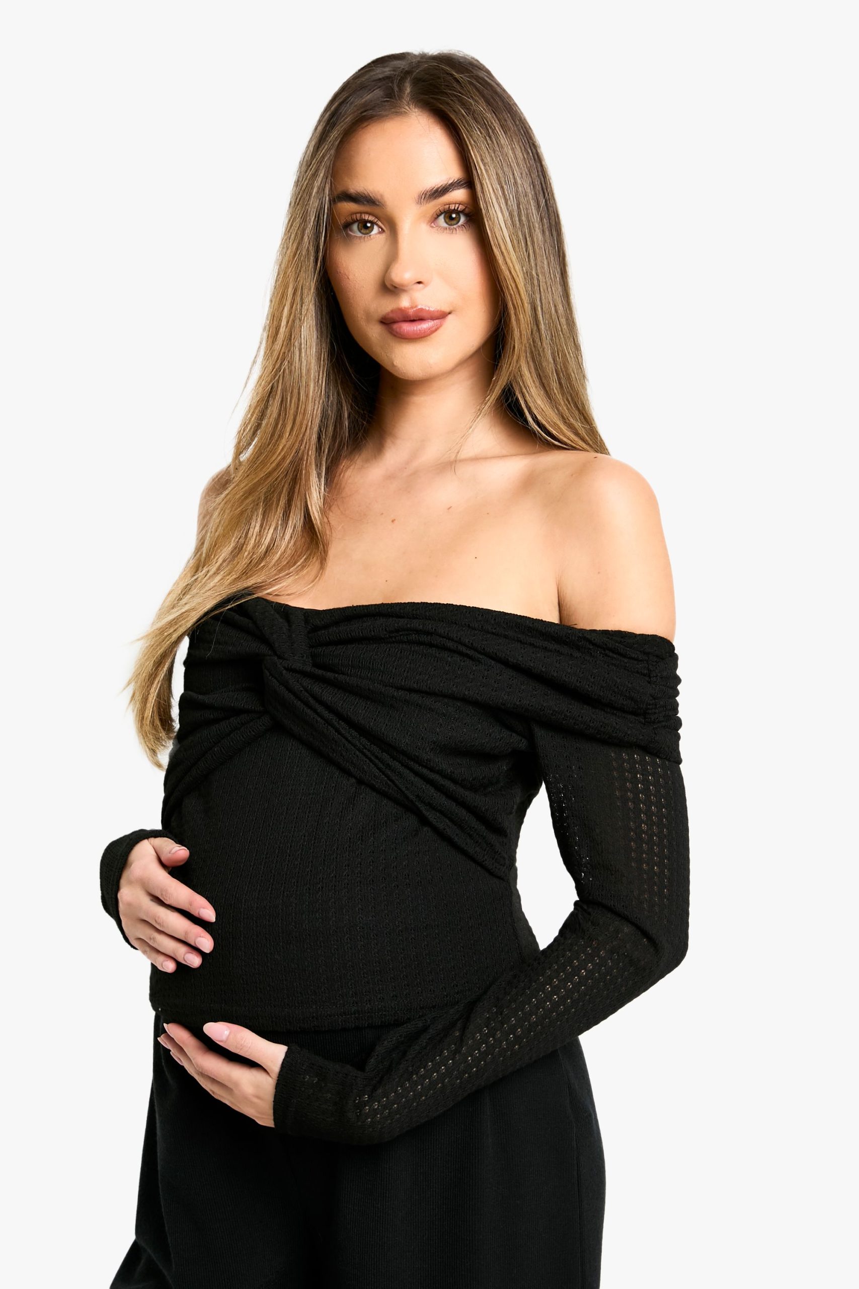 Maternity Textured Twist Detail Bardot Long Sleeve Top