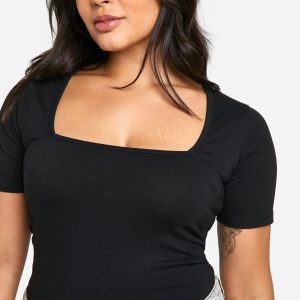 Boohoo Basics Plus Cotton Square Neck Short Sleeve Bodysuit